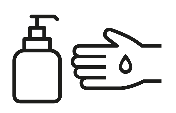 Illustration som visar en hand och en flaska med handsprit.
